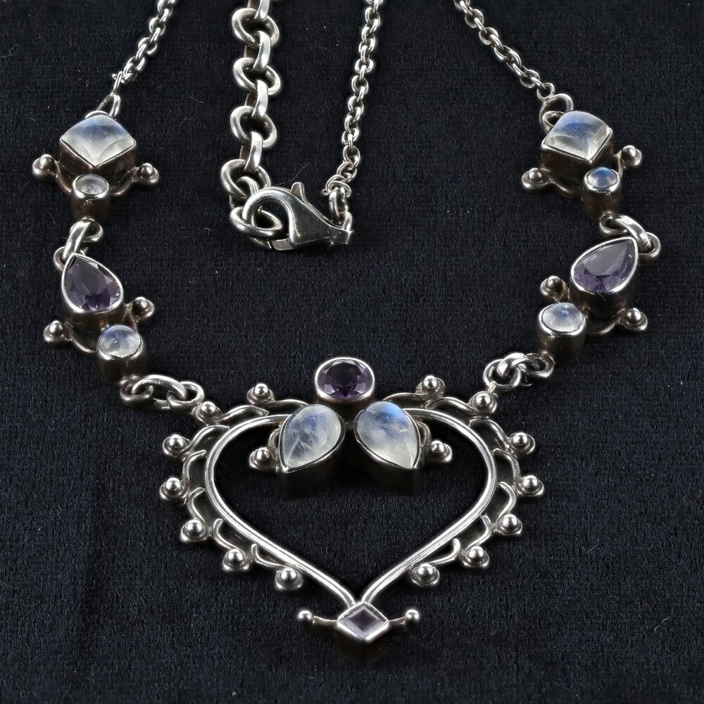 Vintage SLG India Gothic Sterling Silver Amethyst Moonstone Heart Shaped Pendant